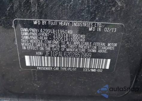 2013 Subaru Impreza 2.0I Sport Premium из США, поврежденный, VIN JF1GPAL62D2857999